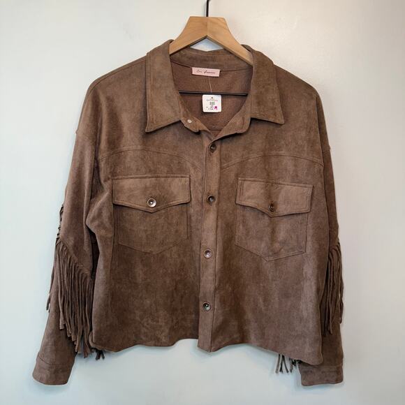 Ces Femme Women's Button Fringe Cropped Shirt Jacket Brown Size Medium NWT - Picture 1 of 7
